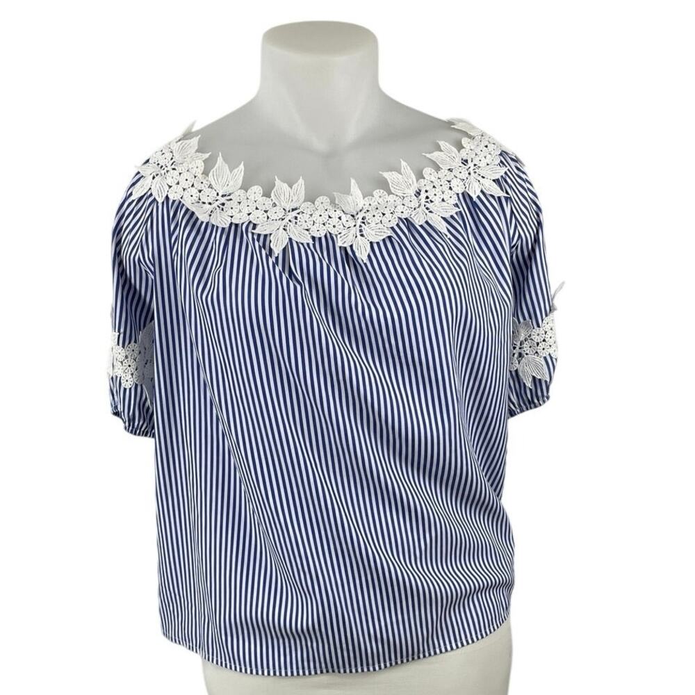 NEW Good Times Blue White Striped Floral Short Puff Sleeve Blouse Top Sz 1X/2X